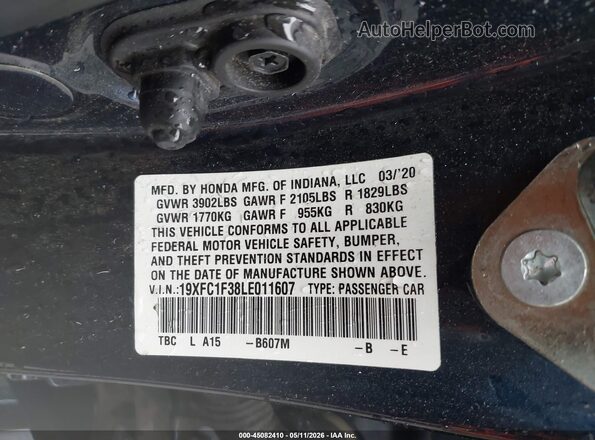 19XFC1F38LE011607 2020 HONDA CIVIC Burgundy Engine compartment view