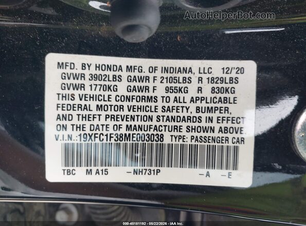 19XFC1F38ME003038 2021 HONDA CIVIC Black Вид підкапотного простору