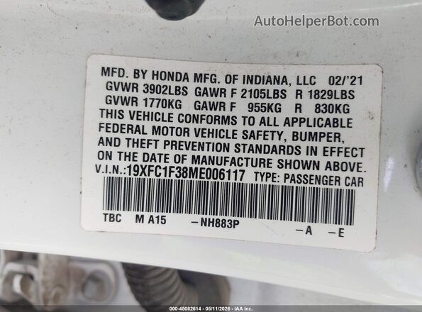 19XFC1F38ME006117 2021 HONDA CIVIC White 