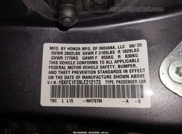 19XFC1F39LE212173 2020 HONDA CIVIC Gray Вид підкапотного простору