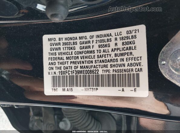 19XFC1F39ME008622 2021 HONDA CIVIC Black Շարժիչի բաժամունքի տեսք