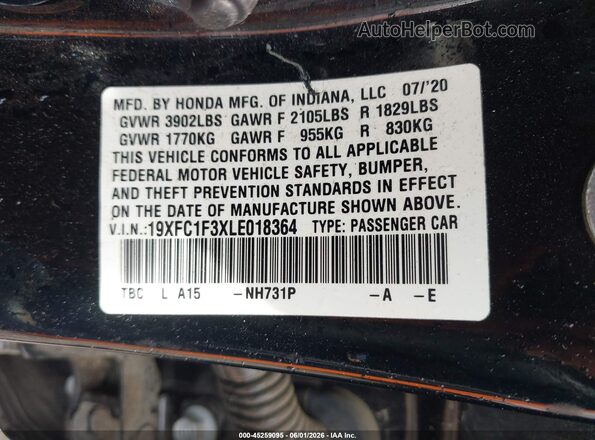 19XFC1F3XLE018364 2020 HONDA CIVIC Черный 