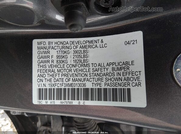 19XFC1F3XME013036 2021 HONDA CIVIC Серый Вид подкапотного пространства