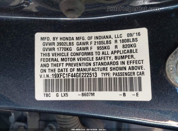 19XFC1F44GE222513 2016 HONDA CIVIC Gray ძრავის განყოფილების ხედი