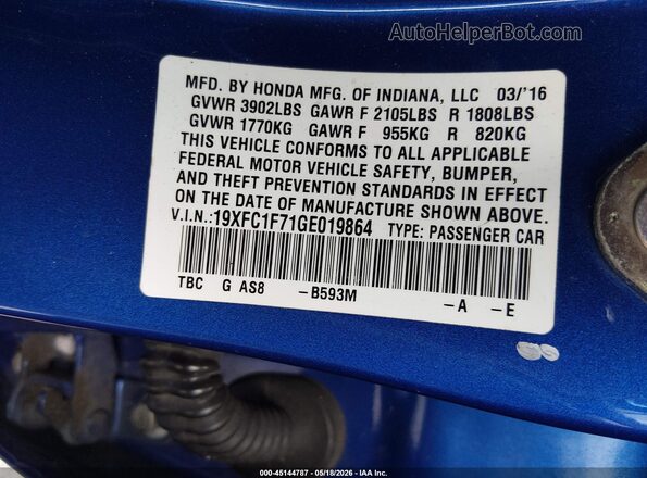 19XFC1F71GE019864 2016 HONDA CIVIC Blue 