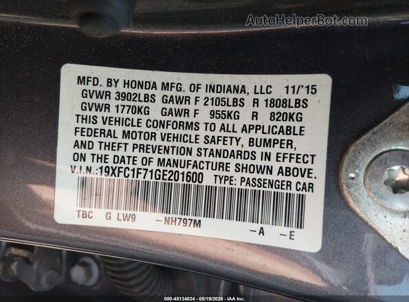 19XFC1F71GE201600 2016 HONDA CIVIC Gray Engine compartment view