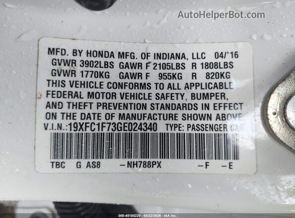 19XFC1F73GE024340 2016 HONDA CIVIC White 