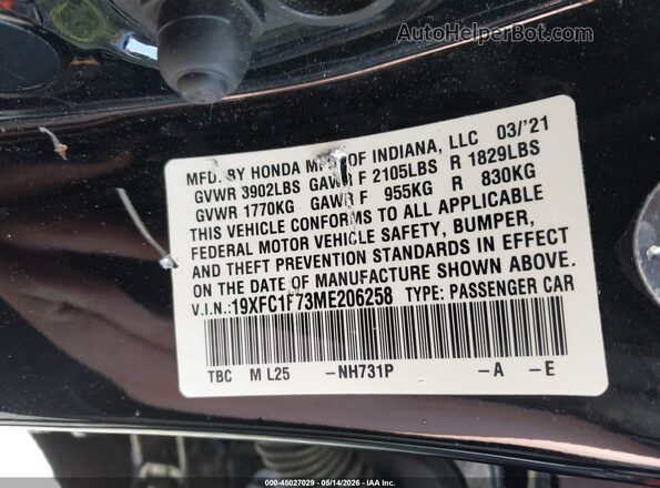 19XFC1F73ME206258 2021 HONDA CIVIC Black Vista del compartimento del motor
