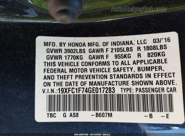 19XFC1F74GE017283 2016 HONDA CIVIC Blue Widok komory silnika