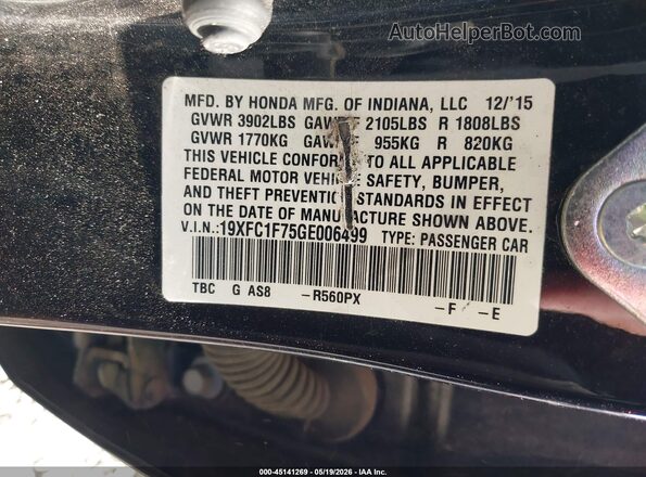 19XFC1F75GE006499 2016 HONDA CIVIC Black Вид підкапотного простору