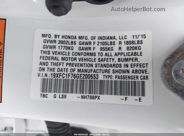 19XFC1F76GE200653 2016 HONDA CIVIC White Vista del compartimento del motor