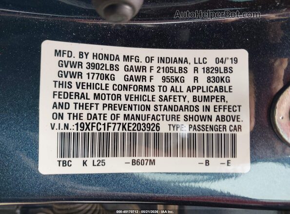 19XFC1F77KE203926 2019 HONDA CIVIC Blue Engine compartment view
