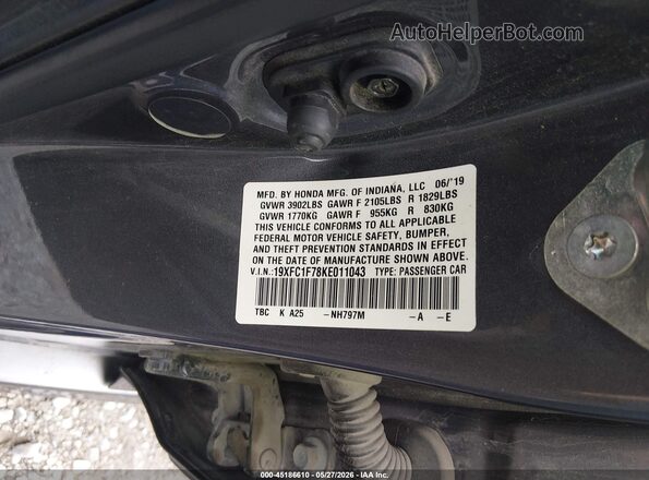 19XFC1F78KE011043 2019 HONDA CIVIC Серый Вид подкапотного пространства