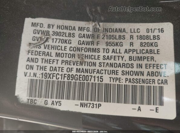 19XFC1F89GE007115 2016 HONDA CIVIC Black Vista del compartimento del motor