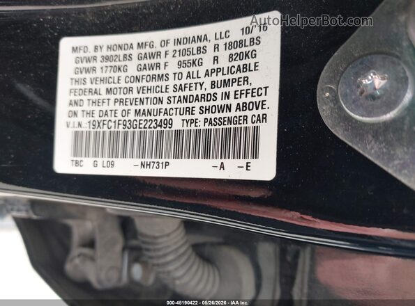 19XFC1F93GE223499 2016 HONDA CIVIC Black Вид підкапотного простору