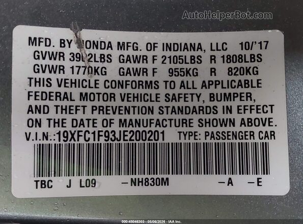 19XFC1F93JE200201 2018 HONDA CIVIC Gray ძრავის განყოფილების ხედი