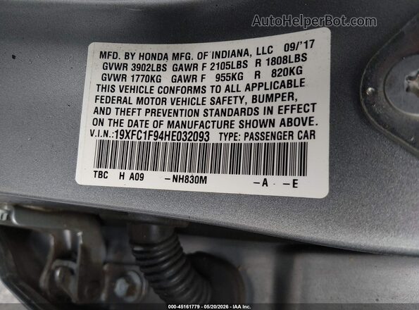 19XFC1F94HE032093 2017 HONDA CIVIC Silver Շարժիչի բաժամունքի տեսք