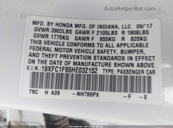 19XFC1F95HE032152 2017 HONDA CIVIC White 