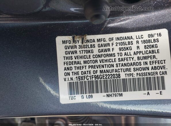 19XFC1F96GE222038 2016 HONDA CIVIC Gray Вид підкапотного простору