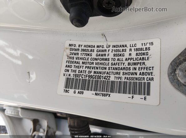 19XFC1F99GE001422 2016 HONDA CIVIC White Vista del compartimento del motor
