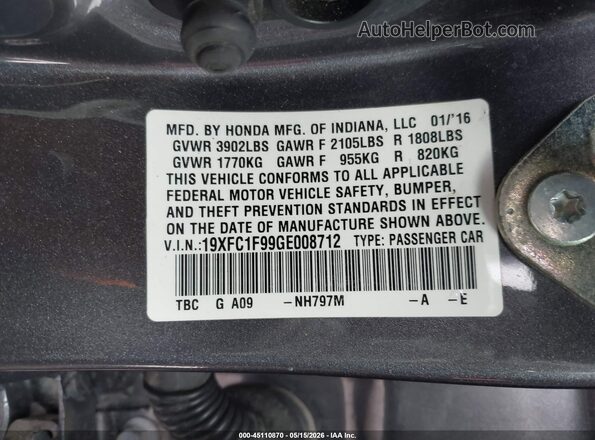 19XFC1F99GE008712 2016 HONDA CIVIC Серый 