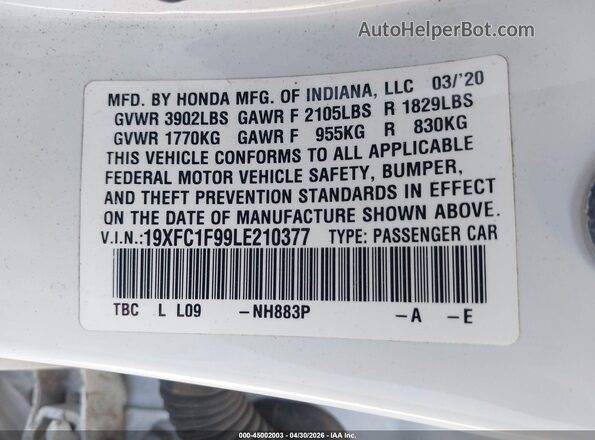 19XFC1F99LE210377 2020 HONDA CIVIC White Вид підкапотного простору