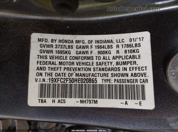 19XFC2F50HE020865 2017 HONDA CIVIC Gray Vista del compartimento del motor