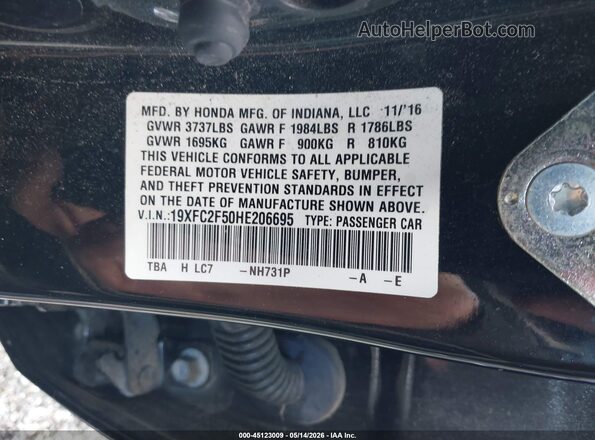 19XFC2F50HE206695 2017 HONDA CIVIC Black Vista del compartimento del motor