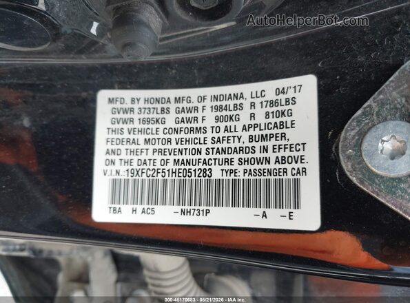 19XFC2F51HE051283 2017 HONDA CIVIC Black Vista del compartimento del motor