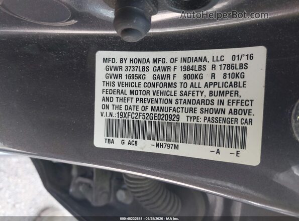 19XFC2F52GE020929 2016 HONDA CIVIC Gray Engine compartment view