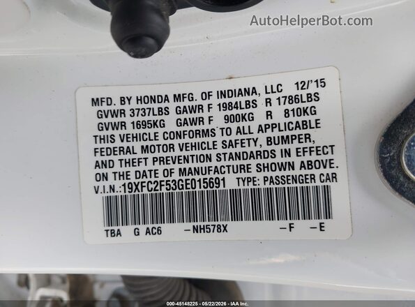 19XFC2F53GE015691 2016 HONDA CIVIC White ძრავის განყოფილების ხედი