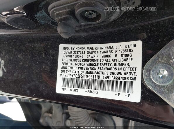 19XFC2F53GE021118 2016 HONDA CIVIC Black Widok komory silnika