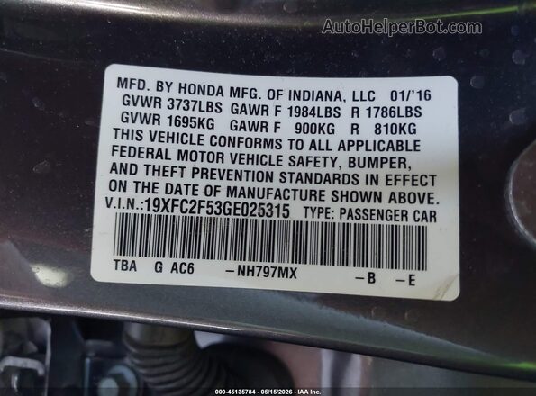 19XFC2F53GE025315 2016 HONDA CIVIC Gray ძრავის განყოფილების ხედი