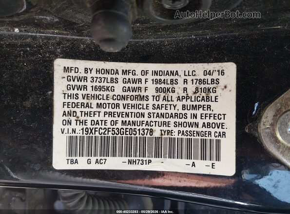 19XFC2F53GE051378 2016 HONDA CIVIC Black 