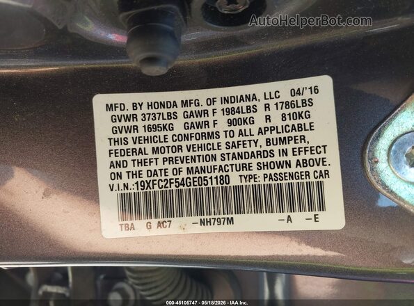 19XFC2F54GE051180 2016 HONDA CIVIC Gray Vista del compartimento del motor