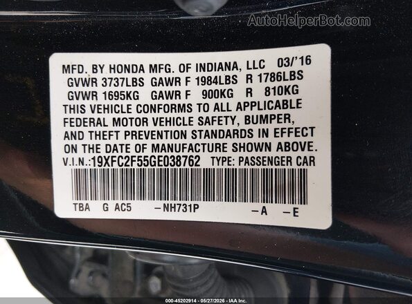 19XFC2F55GE038762 2016 HONDA CIVIC Black Вид підкапотного простору