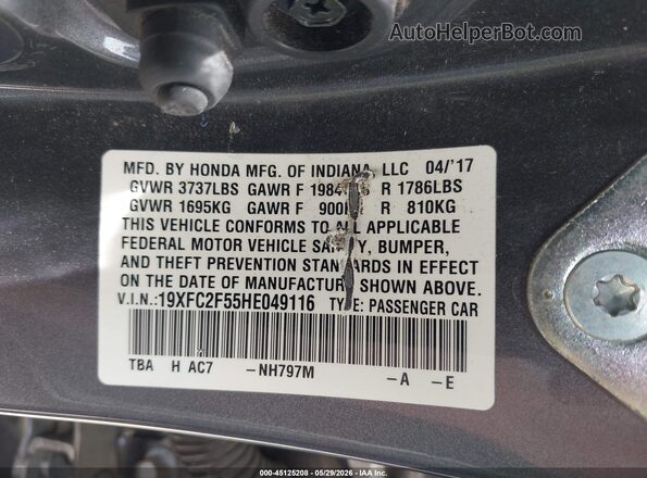 19XFC2F55HE049116 2017 HONDA CIVIC Gray Շարժիչի բաժամունքի տեսք