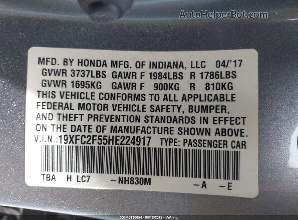 19XFC2F55HE224917 2017 HONDA CIVIC Silver Vista del compartimento del motor