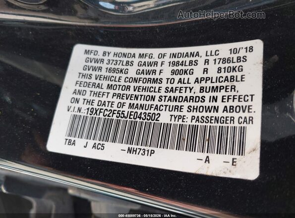 19XFC2F55JE043502 2018 HONDA CIVIC Black 