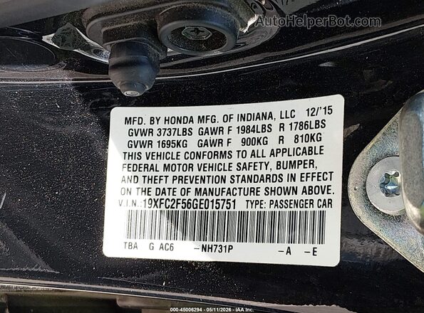 19XFC2F56GE015751 2016 HONDA CIVIC Black 