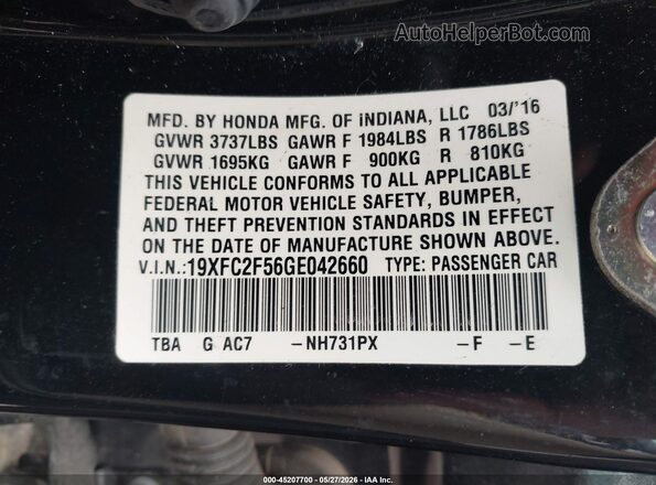 19XFC2F56GE042660 2016 HONDA CIVIC Black Engine compartment view