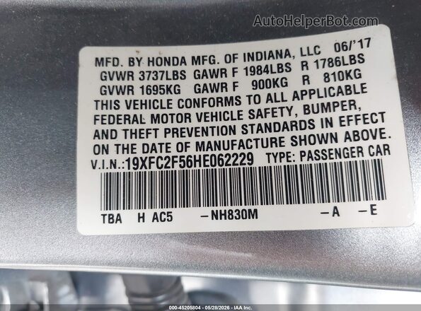 19XFC2F56HE062229 2017 HONDA CIVIC Серебряный 