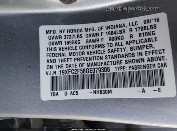 19XFC2F58GE079306 2016 HONDA CIVIC Gray 