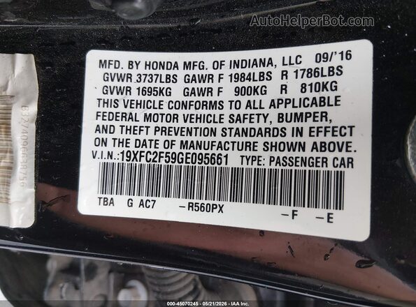 19XFC2F59GE095661 2016 HONDA CIVIC Black Vista del compartimento del motor