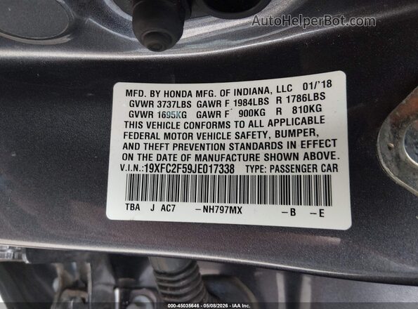 19XFC2F59JE017338 2018 HONDA CIVIC Серый Вид подкапотного пространства
