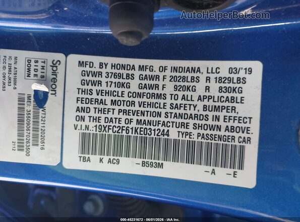 19XFC2F61KE031244 2019 HONDA CIVIC Blue Widok komory silnika