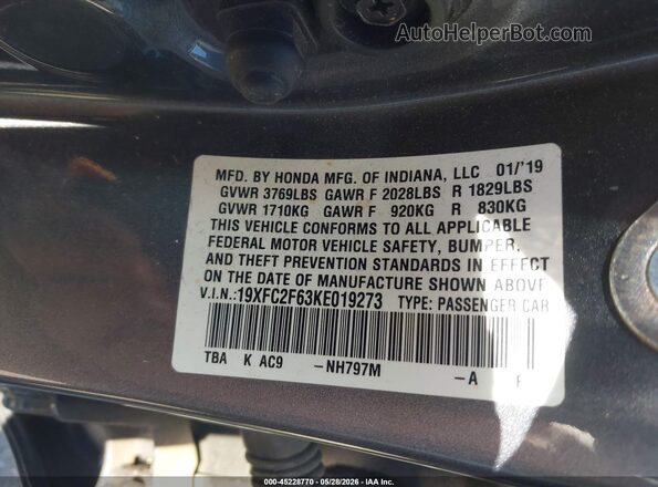 19XFC2F63KE019273 2019 HONDA CIVIC Gray Vista del compartimento del motor