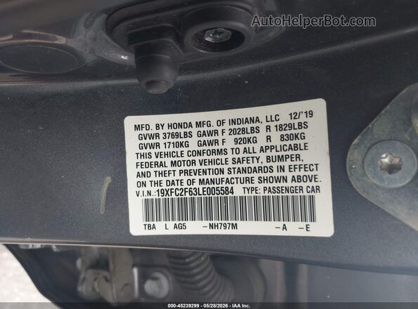 19XFC2F63LE005584 2020 HONDA CIVIC Gray Вид підкапотного простору