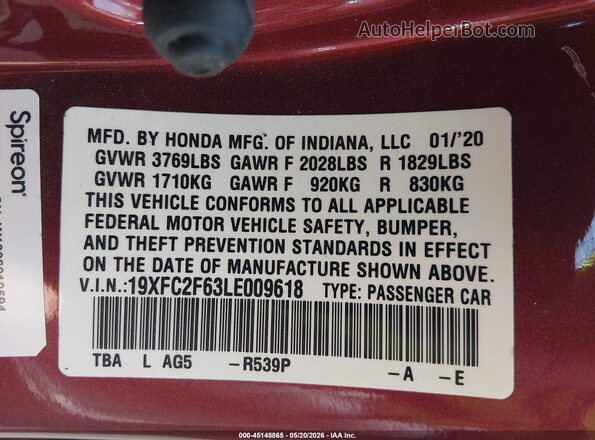 19XFC2F63LE009618 2020 HONDA CIVIC Red 