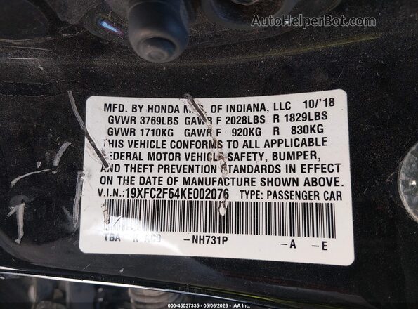 19XFC2F64KE002076 2019 HONDA CIVIC Черный Вид подкапотного пространства